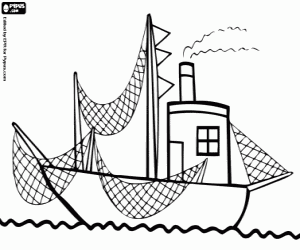 Coloriage Bateu avec des filets de pêche