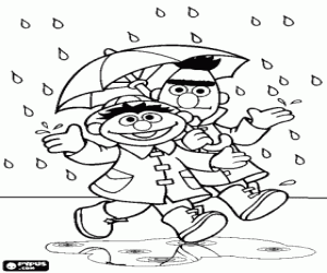 Coloriage Bert et Ernie avec un parapluie