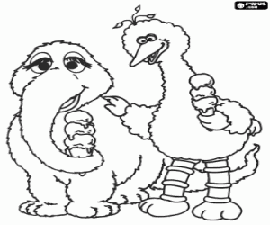 Coloriage Big Bird et Snuffy mangeant la crème glacée