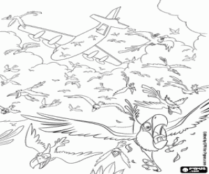 Coloriage Blu et les oiseaux fuient l'avion