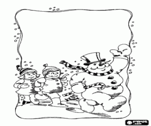 Coloriage Bonhomme de neige et enfants marchant