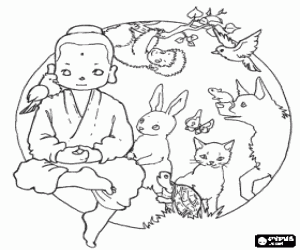 Coloriage Bouddha enfant avec des animaux
