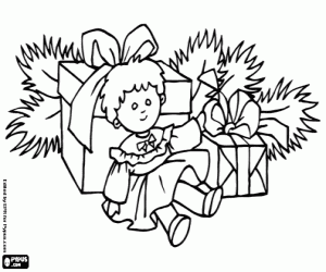 Coloriage Boîtes enveloppés et de poupée pour Noël