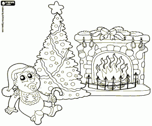 Coloriage Bébé avec cheminée et sapin de Noël