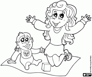 Coloriage Le bébé avec la nounou