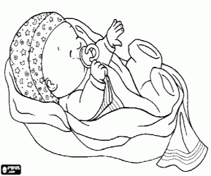 Coloriage Bébé avec une sucette et une couverture