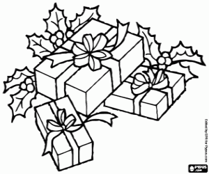 Coloriage Cadeaux de Noël décoré avec houx