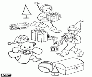 Coloriage Cadeaux et les elfes du père Noël