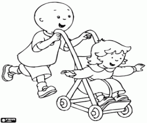 Coloriage Caillou et sa sœur dans une poussette