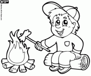 Coloriage Campeur avec une saucisse