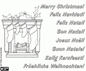 Coloriage Carte de Noël avec une cheminée