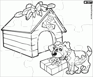 Coloriage Casse-tête d’un chien avec un cadeau de Noël