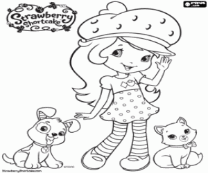 Coloriage Charlotte aux fraises, le chien et le chat