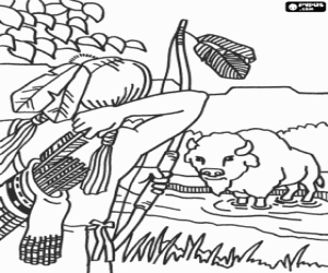 Coloriage Le chasseur à l'arc et un bison