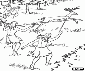 Coloriage Chasseurs préhistoriques avec des lances