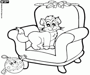 Coloriage Chat, fauteuil et boule de Noël