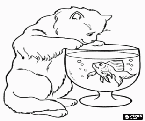 Coloriage Le chat et un poisson dans l'aquarium
