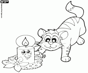 Coloriage Le chat et une bougie de Noël