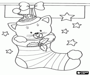 Coloriage Chaton dans une chaussette de Noël