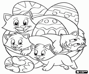 Coloriage Les chatons et les oeufs de Pâques