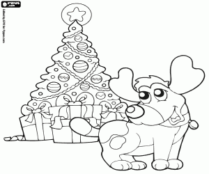 Coloriage Le chien avec le sapin de Noël