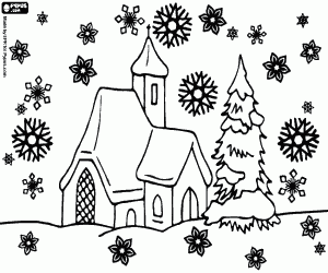 Coloriage Chutes de neige sur une église à Noël