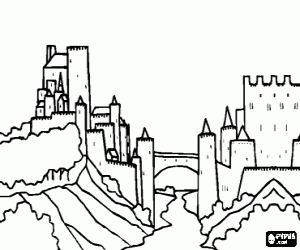 Coloriage Château, ville fortifiée et pont