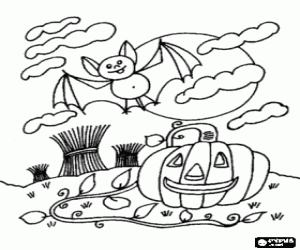 Coloriage Citrouille et chauve-souris à Halloween
