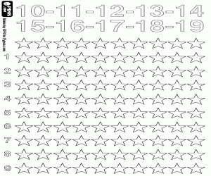 Coloriage Compter les étoiles de 10 à 19