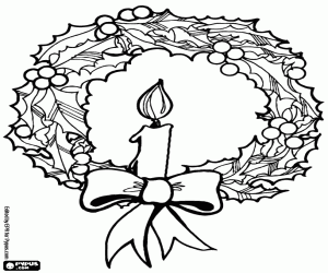 Coloriage Couronne de Noël avec une bougie allumée