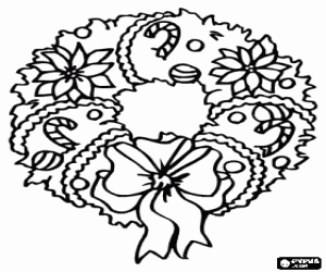 Coloriage Couronne de Noël, des fleurs et des bonbons