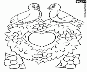 Coloriage Couronne florale avec deux oiseaux