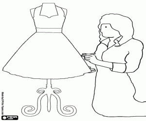 Coloriage La couturière avec robe et mannequin