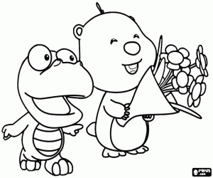 Coloriage Crong, Loopy et le bouquet de fleurs