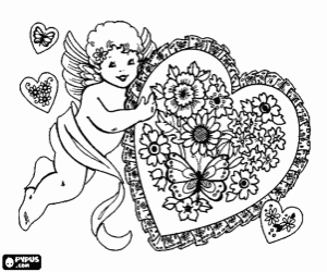 Coloriage Cupidon et un coeur avec fleurs