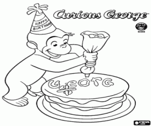 Coloriage Curious George et un gâteau d'anniversaire