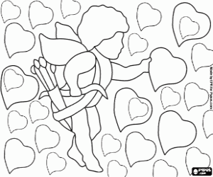 Coloriage Le Dieu de l'amour et les cœurs