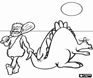Coloriage Dinosaur et homme des cavernes