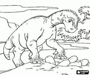 Coloriage Dinosaure observant ses oeufs