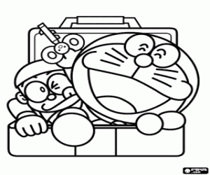 Coloriage Doraemon et Nobita dans la valise