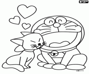 Coloriage Doraemon et un chaton