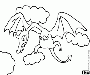 Coloriage Dragon ailé volant entre nuages