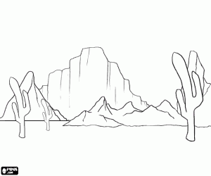 Coloriage Désert de cactus et de montagnes