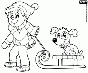 Coloriage Enfant avec petit chien sur le traîneau