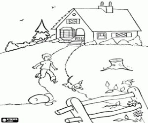 Coloriage Enfant et un chien dans le printemps