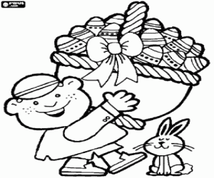 Coloriage Enfant et un panier d'oeufs de Pâques