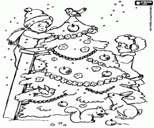 Coloriage Enfants et arbre de Noël du jardin