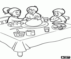Coloriage Enfants assis à la table à manger