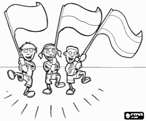 Coloriage Enfants avec de grands drapeaux