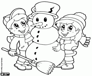 Coloriage Enfants et bonhomme de neige à Noël